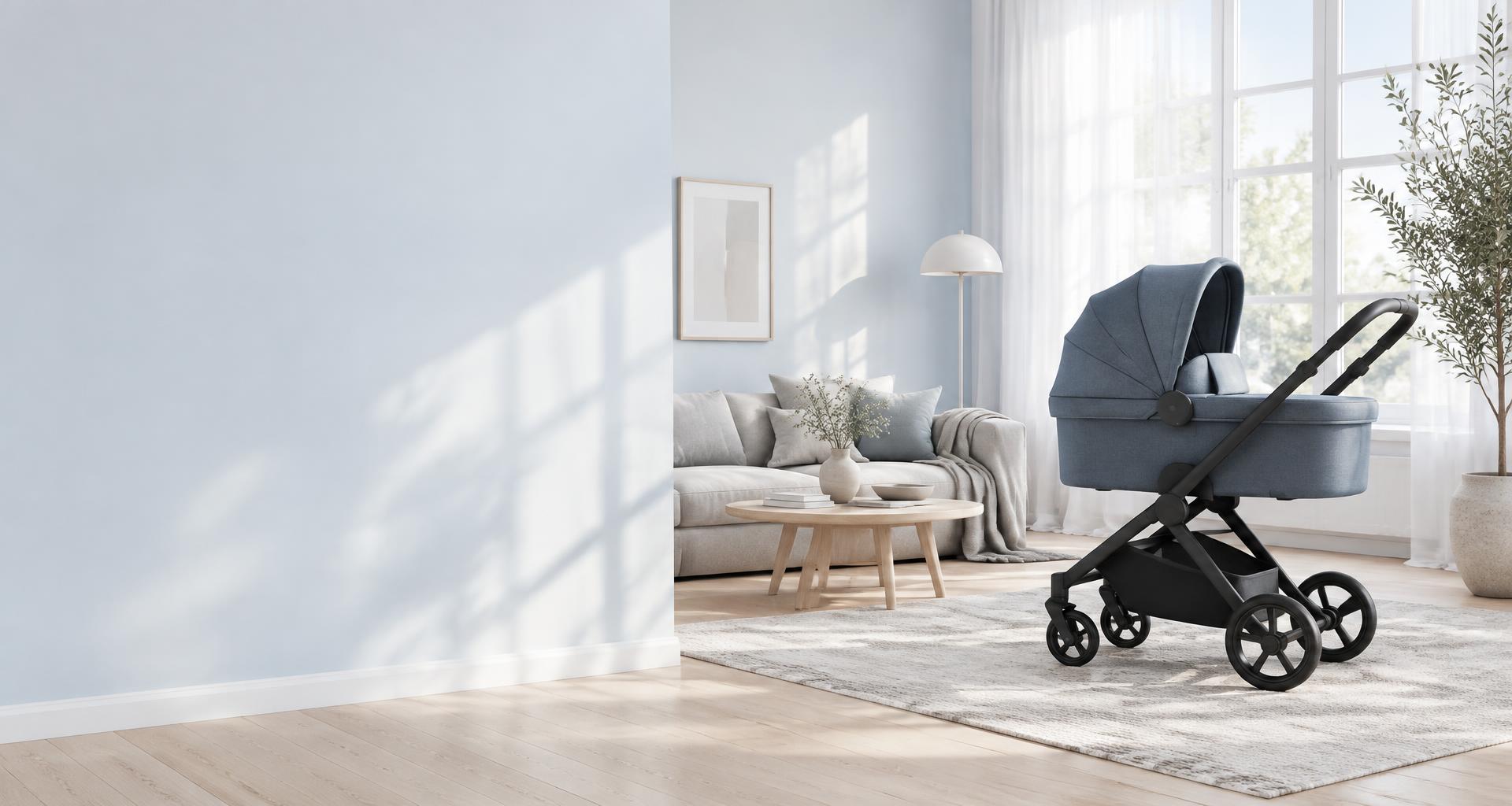 Blue baby stroller in a sunlit Scandinavian home